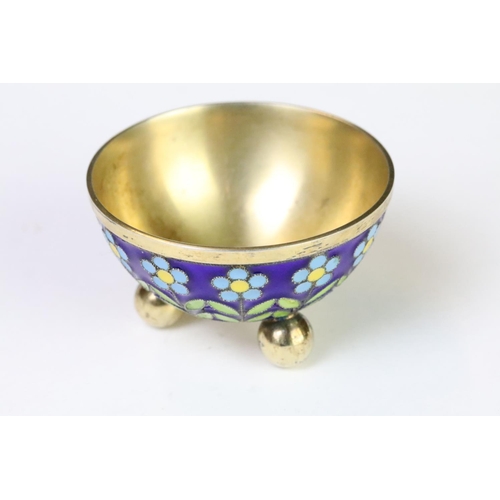 236 - A Russian silver and enamel salt pot with floral enamel decoration, marked 916 with the sickle withi... 