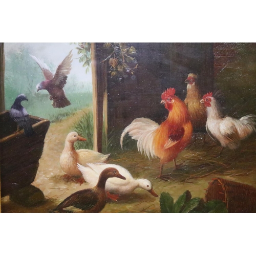 527 - After Edgar Hunt (1876 - 1955), study of chickens, ducks and pigeons in a barn, oil on board, signed... 