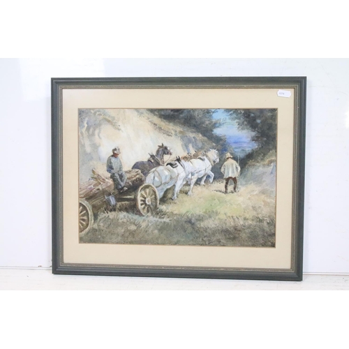 527A - After Charles Wellington Furse, Timber Hauling, watercolour, label verso, 26 x 38cm together with En... 