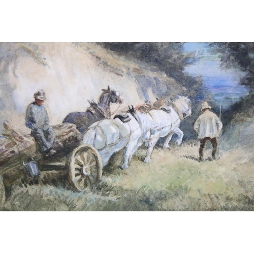 527A - After Charles Wellington Furse, Timber Hauling, watercolour, label verso, 26 x 38cm together with En... 