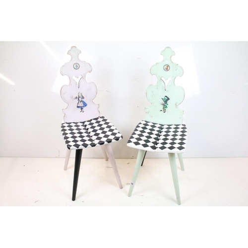 686 - Pair of Folk Art Chairs with shaped backs, both painted with an Alice in Wonderland theme, one paint... 