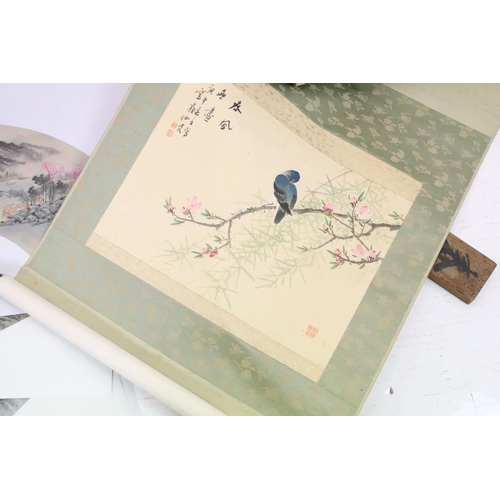 508A - Chinese School, set of Five Extensive Watercolour Landscapes and a Boxed Scroll of a Bird in a Tree ... 