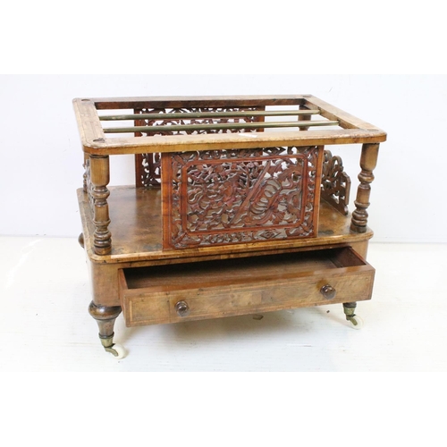 648 - Victorian Walnut Three Section Canterbury with carved pierced panels to side over a single drawer, r... 