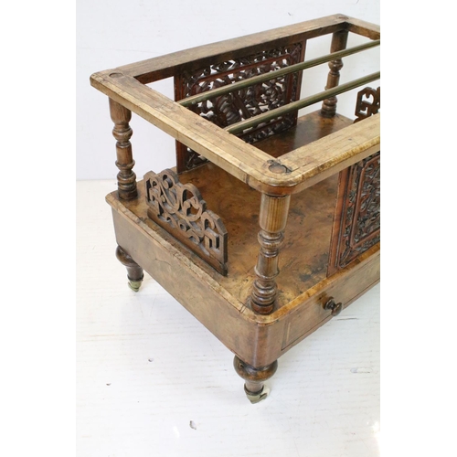 648 - Victorian Walnut Three Section Canterbury with carved pierced panels to side over a single drawer, r... 