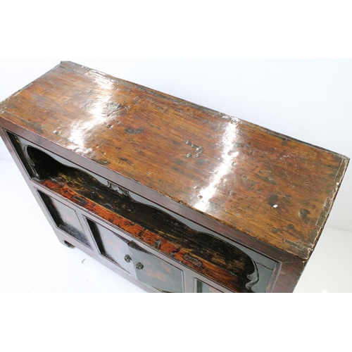 676 - Chinese Red Lacquered Cabinet with open shelf above cupboard with floral hand painted panels and two... 