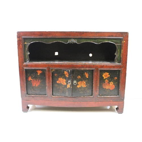 676 - Chinese Red Lacquered Cabinet with open shelf above cupboard with floral hand painted panels and two... 