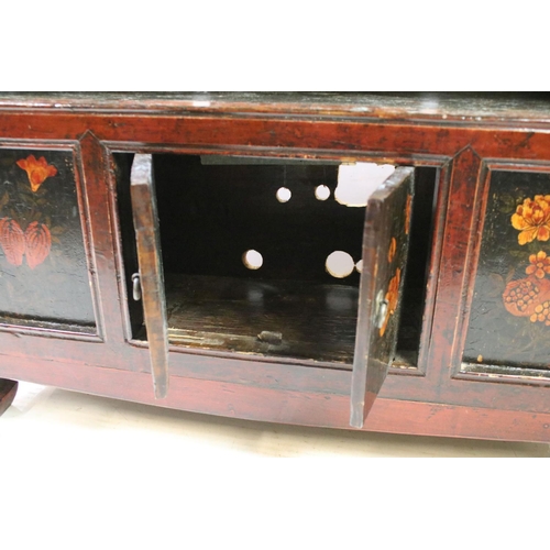 676 - Chinese Red Lacquered Cabinet with open shelf above cupboard with floral hand painted panels and two... 