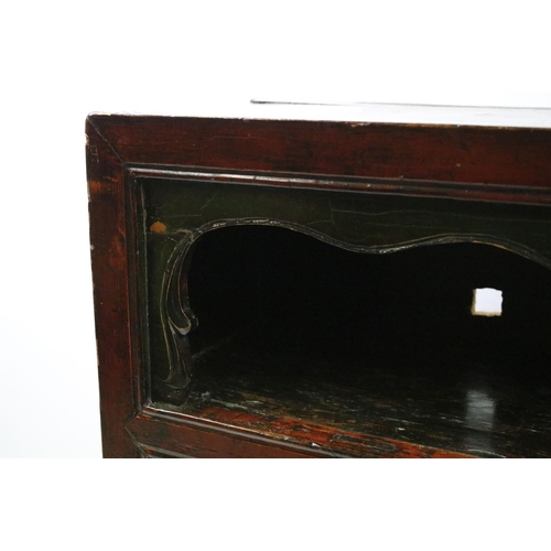 676 - Chinese Red Lacquered Cabinet with open shelf above cupboard with floral hand painted panels and two... 