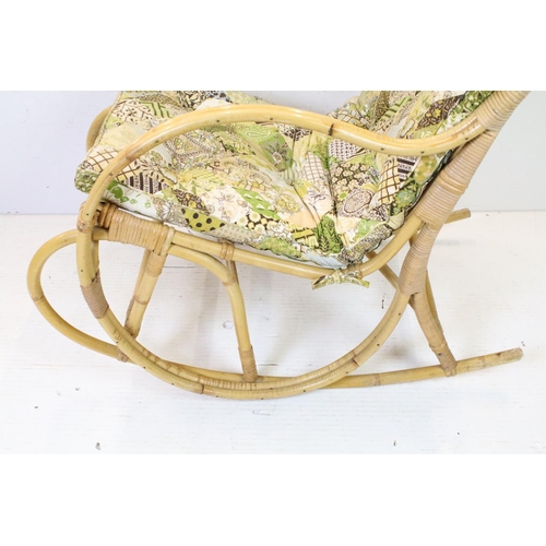 680 - Bentwood Bamboo and Wicker Rocking Chair with cushion back and seat, 96cm high x 56cm wide x 104cm d... 