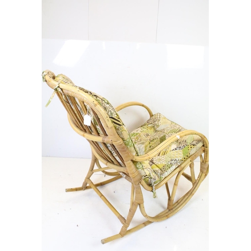 680 - Bentwood Bamboo and Wicker Rocking Chair with cushion back and seat, 96cm high x 56cm wide x 104cm d... 