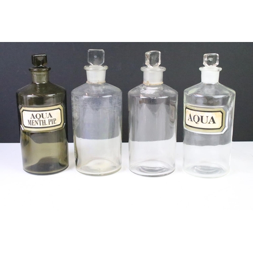 387 - Collection of apothecary medicine bottles to include five clear glass examples (one labelled aqua, o... 