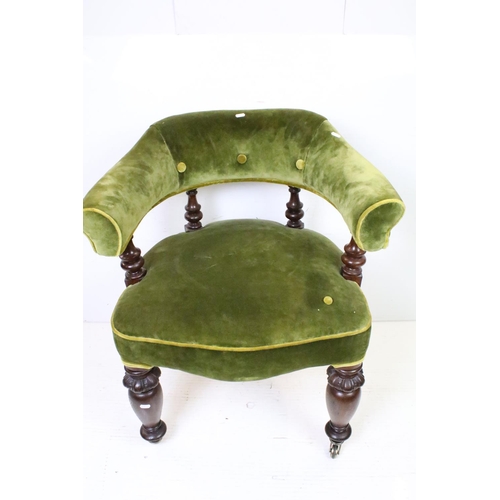 600 - Mid 19th century Mahogany Tub Chair with green velvet upholstered back rail and seat, turned spindle... 