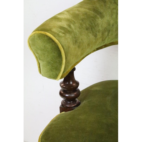 600 - Mid 19th century Mahogany Tub Chair with green velvet upholstered back rail and seat, turned spindle... 