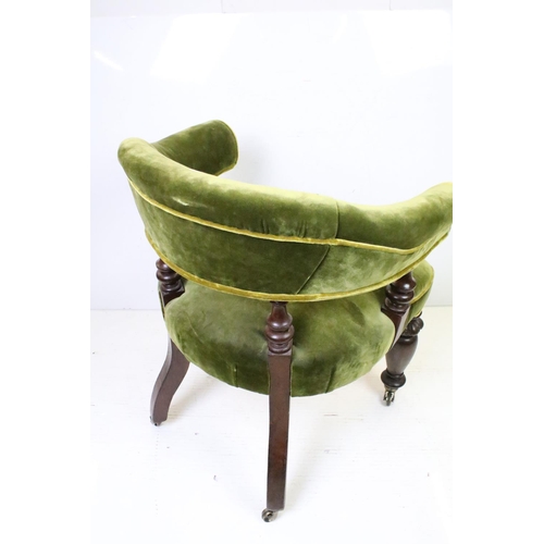 600 - Mid 19th century Mahogany Tub Chair with green velvet upholstered back rail and seat, turned spindle... 