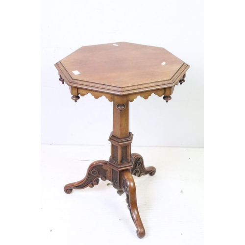 615 - Victorian Mahogany Gothic Revival Octagonal Lamp Table raised on an octagonal column support and thr... 