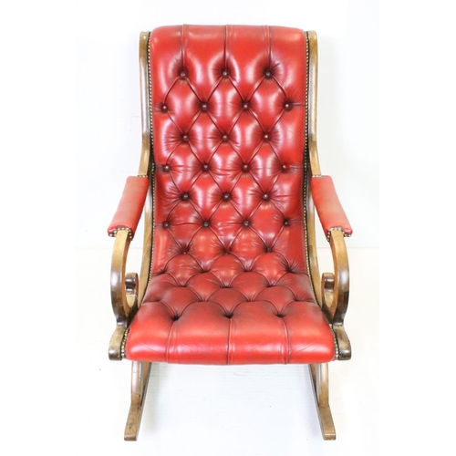 630 - 19th century style Red Button Leather Elbow Rocking Chair, 87cm high x 63cm wide x 98cm deep