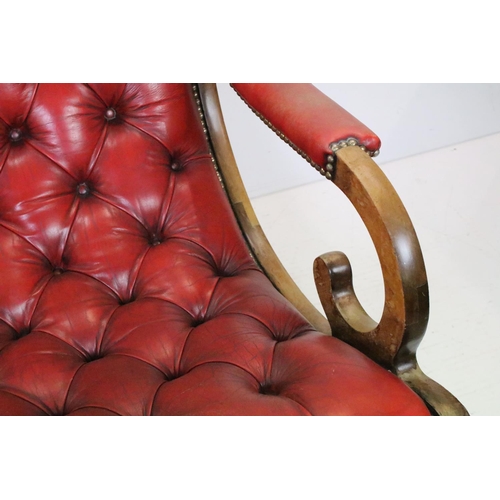 630 - 19th century style Red Button Leather Elbow Rocking Chair, 87cm high x 63cm wide x 98cm deep