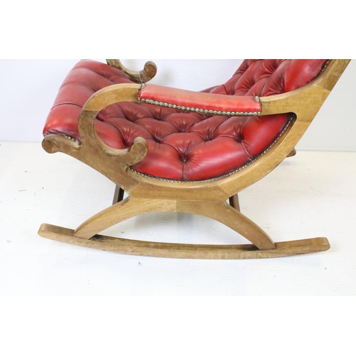 630 - 19th century style Red Button Leather Elbow Rocking Chair, 87cm high x 63cm wide x 98cm deep