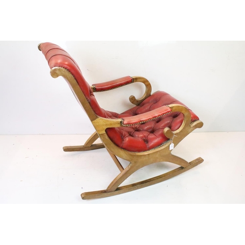 630 - 19th century style Red Button Leather Elbow Rocking Chair, 87cm high x 63cm wide x 98cm deep