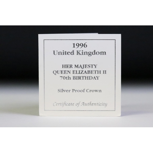 101 - A collection of five silver proof coins to include the 1996 United Kingdom Queen Elizabeth II 70th B... 