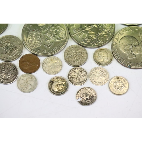 131 - A small collection of British pre decimal and world coins to include a 1890 Queen Victoria silver cr... 