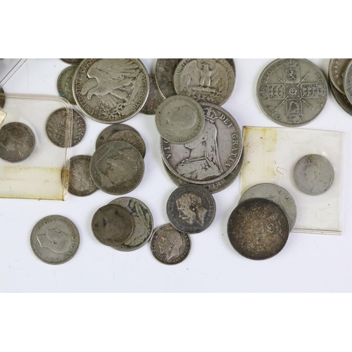 157 - A collection of British pre decimal and world silver coins to include Queen Victoria and King George... 