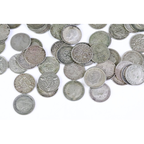 160 - A large collection of British pre decimal silver threepence coins to include Queen Victoria examples... 