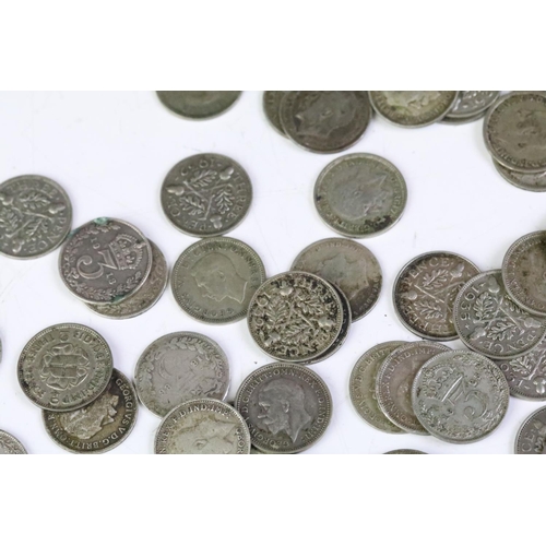 160 - A large collection of British pre decimal silver threepence coins to include Queen Victoria examples... 