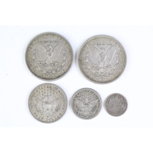 172 - A small collection of United States of America silver coins to include two Morgan dollars.