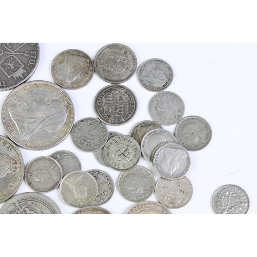 175 - A collection of British pre decimal silver coins to include King George III and Queen Victoria examp... 