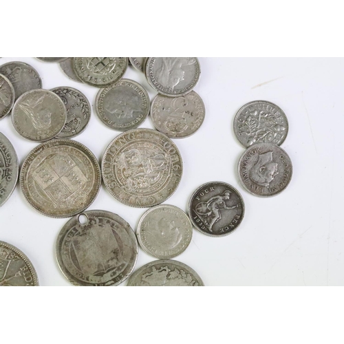 175 - A collection of British pre decimal silver coins to include King George III and Queen Victoria examp... 