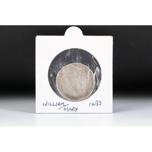 196 - A British King William & Mary 1693 silver shilling coin.