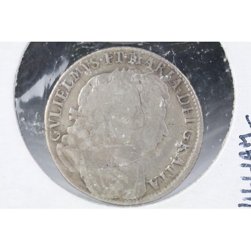 196 - A British King William & Mary 1693 silver shilling coin.