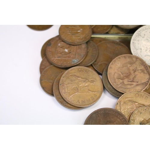 29 - A small collection of mainly British pre decimal coins to include some silver and Queen Victoria exa... 