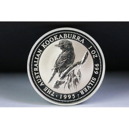 38 - Two Australian Perth Mint 1oz fine silver 1995 Kookaburra coins within green fitted display cases.