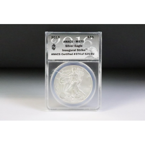 87 - A London Mint 'The Last Ever U.S. Morgan Dollar' together with a slab mounted Silver Eagle dollar, b... 