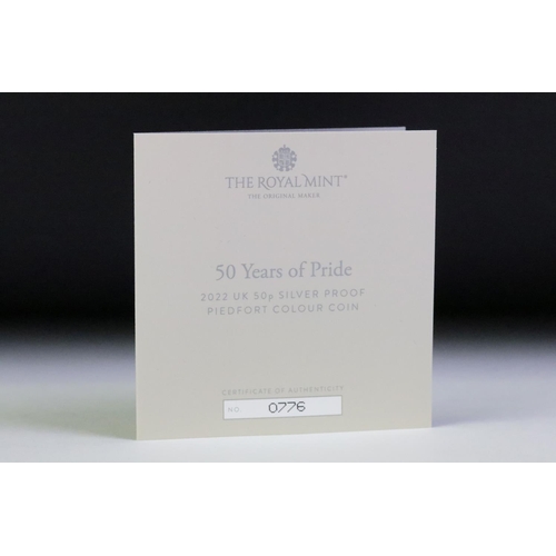 91 - A Royal Mint 2022 United Kingdom '50 Years of Pride' piedfort coloured 50p coin, slab mounted and co... 