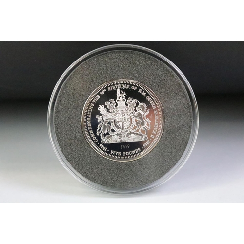 92 - A Jubilee Mint 'The Queen Elizabeth II 90th Birthday solid silver proof piedfort £5 coin complete in... 