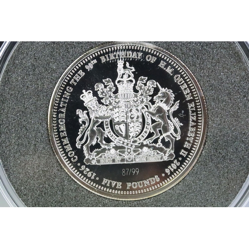 92 - A Jubilee Mint 'The Queen Elizabeth II 90th Birthday solid silver proof piedfort £5 coin complete in... 