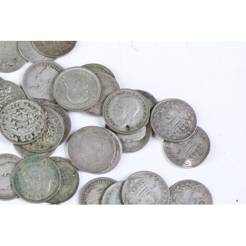 215 - A small collection of British pre decimal coins to include a collection of silver threepence coins a... 