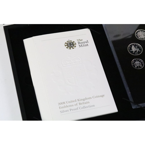 221 - A Royal Mint 2008 United Kingdom Emblems of Britain silver proof coin set, encased within leather di... 