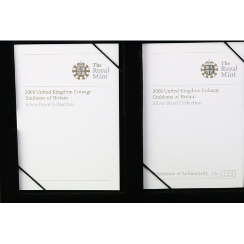 221 - A Royal Mint 2008 United Kingdom Emblems of Britain silver proof coin set, encased within leather di... 