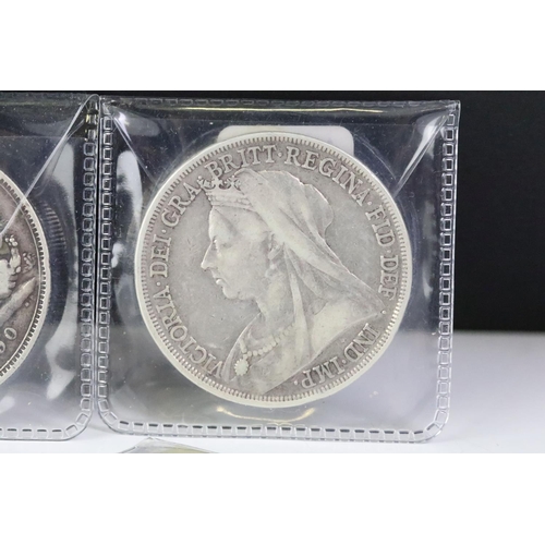 251 - A small collection of British pre decimal silver coins to include three Queen Victoria full crown co... 