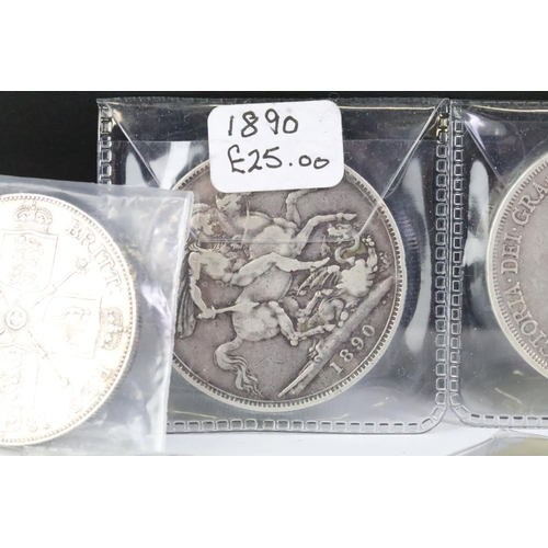 251 - A small collection of British pre decimal silver coins to include three Queen Victoria full crown co... 