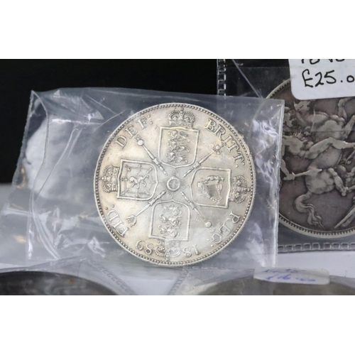 251 - A small collection of British pre decimal silver coins to include three Queen Victoria full crown co... 