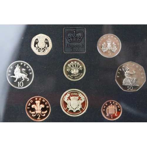 280 - A collection of six Royal Mint United Kingdom annual coin proof sets to include 1989, 1986, 1988, 19... 