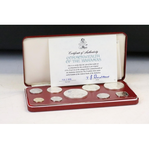 22 - Two Franklin Mint Commonwealth of the Bahamas part silver coin proof sets to include 1976 and 1980 e... 