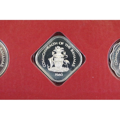 22 - Two Franklin Mint Commonwealth of the Bahamas part silver coin proof sets to include 1976 and 1980 e... 