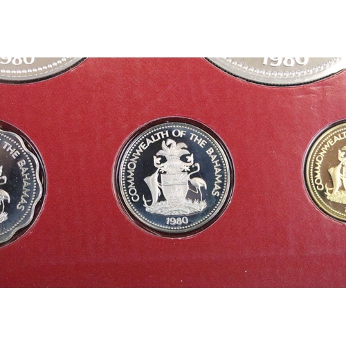 22 - Two Franklin Mint Commonwealth of the Bahamas part silver coin proof sets to include 1976 and 1980 e... 