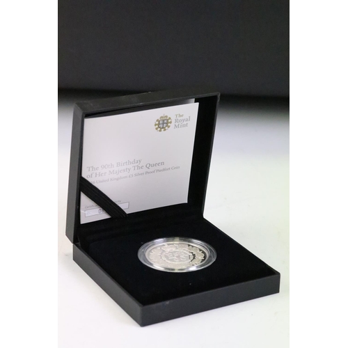 113 - A collection of four Royal Mint United Kingdom silver proof £5 / Five Pound coins to include 2016 90... 